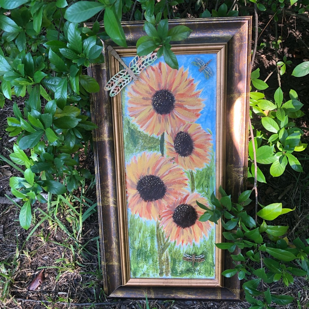 Handcrafted Upcycled Sunflower Mixed Media Painting | 25x13 w/Dragonfly Die-Cuts